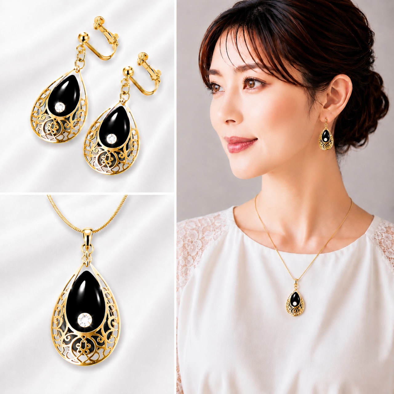 グロッシー ブラック×スワロフスキー　ドロップオーナメント ネックレス - 画像 (2)